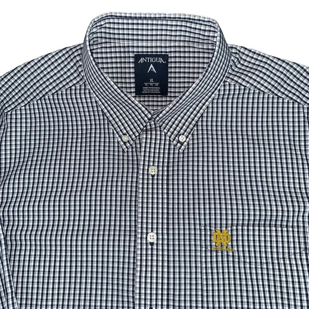 Antigua Notre Dame Fighting Irish Shirt Mens XL Navy Gingham Check Button Down